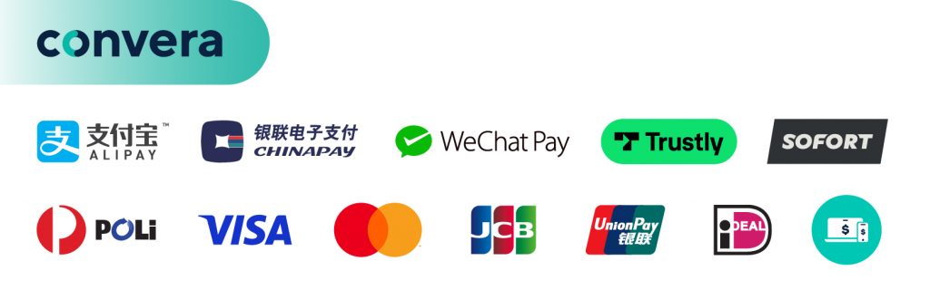 The logo for Convera appears with a list of other international payment processors below, including: Alipay, Chinapay, WeChat Pay, Trustly, Sofort, Poli, Visa, Mastercard, JCB, UnionPay, and iDeal.