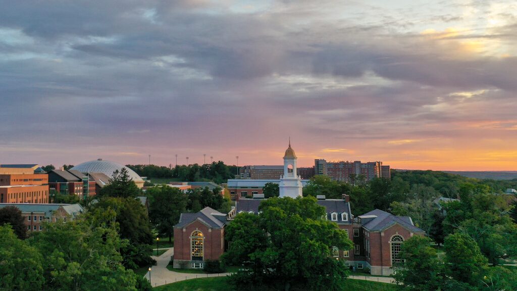 Sunset behind Wilbur Cross Building at UConn Storrs campus.