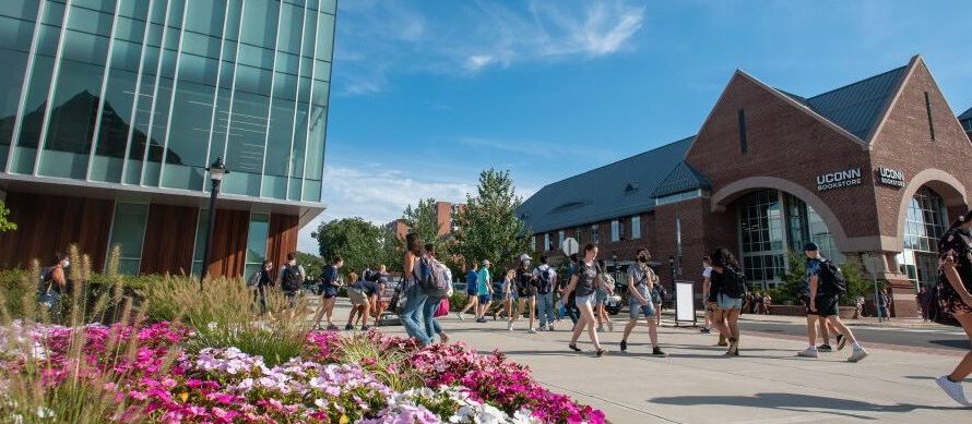 Students walking in between buildings on campus on a bright afternoon with blue skies and flowers nearby.